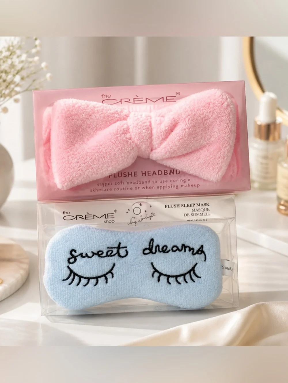 NWT The Crème Shop Pink Plush Teddy Headband with Bow AND Blue Plush Sleep Mask